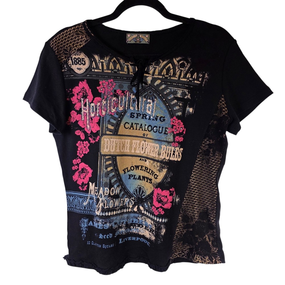 Vintage Vanilla Sugar Women's Black Graphic Tee L Rhinestone Lace Up Y2K McBling
